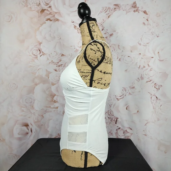 White Retro V-Neck One Piece Bathing Suit - Picture 3 of 10